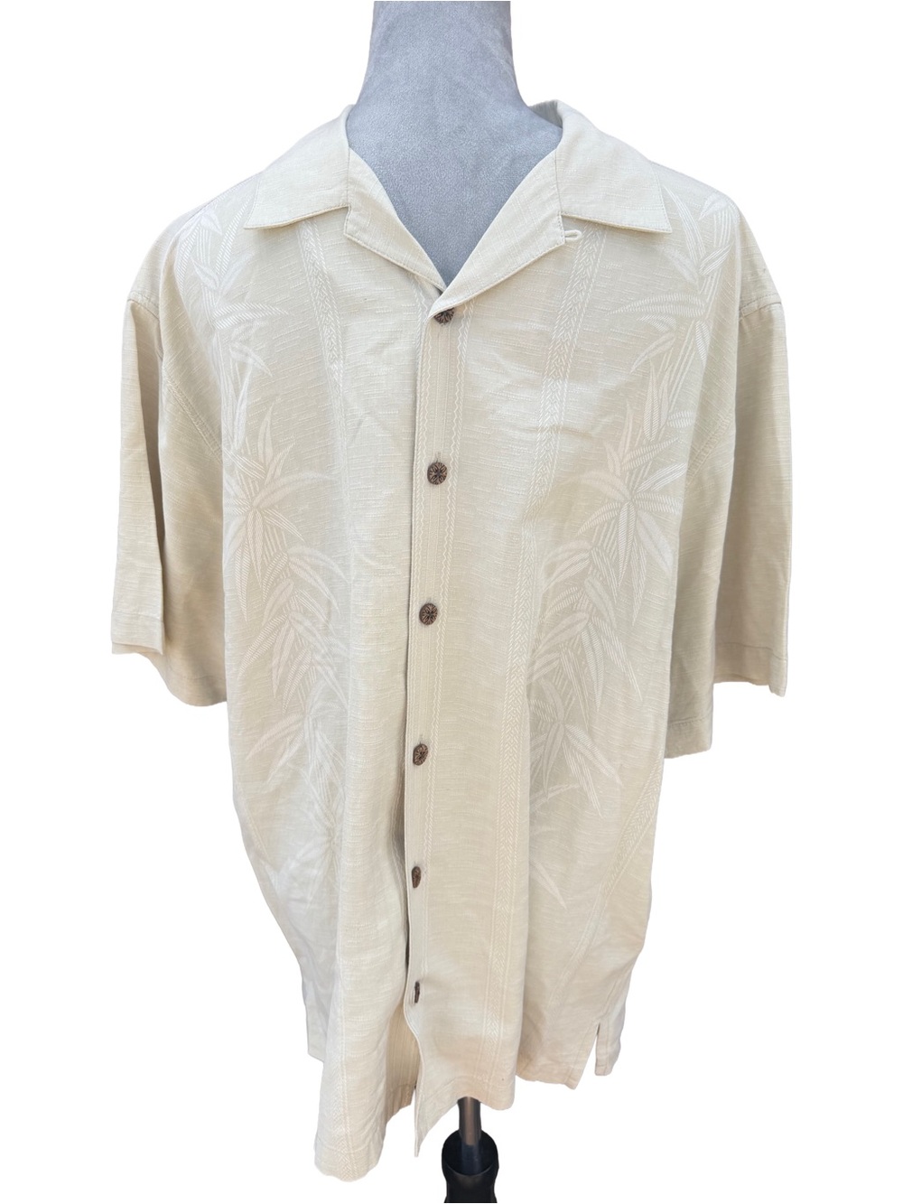 Joseph Feiss Silk Shirt Mens L Cream Tropical Camp Hawaiian Palm Leaf Jacquard